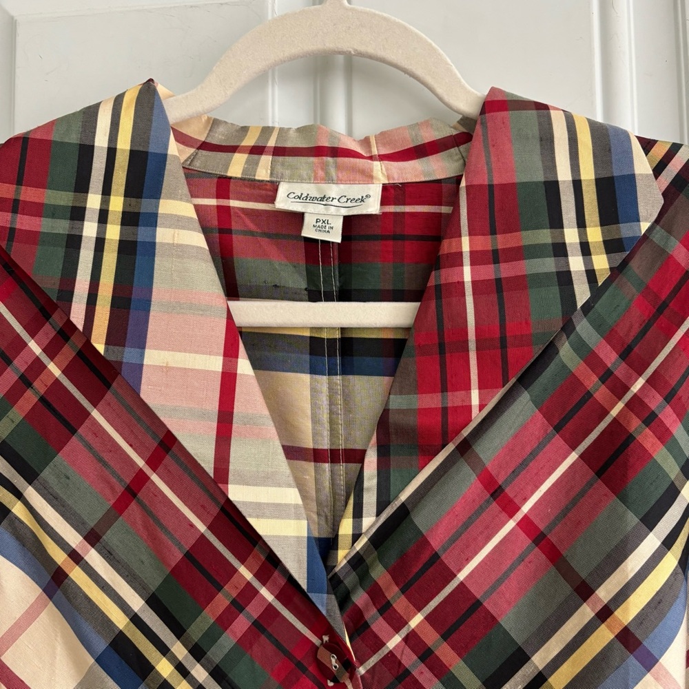 ❤️2/$15 or 3/$21❤️Coldwater Creek Plaid Silk Button-Up Blouse, Size PXL - Picture 7 of 14